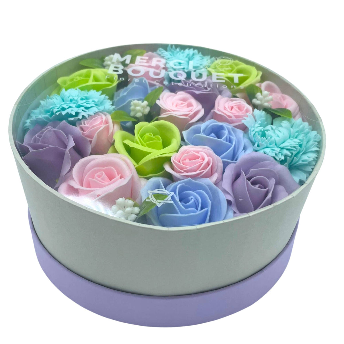 Elegant presentlåda med tvålblommor, flera varianter
