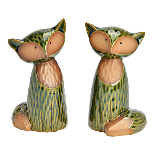 Rävar i stengods, 2-pack, Gröna, höjd 14 cm.